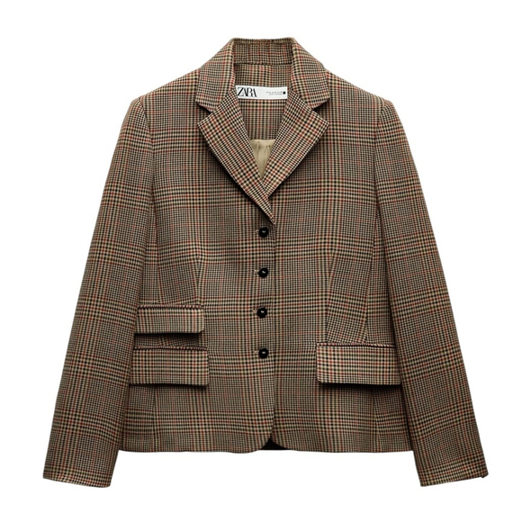 ZARA NWT Brown Tweed Plaid Fitted Blazer in Sz S - Picture 2 of 10